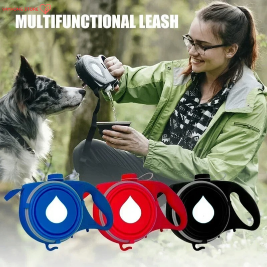 PawMate™ 5-in-1 Dog Leash – Built-In Water Bottle, Bowl & Waste Dispenser for Total Outdoor Convenience