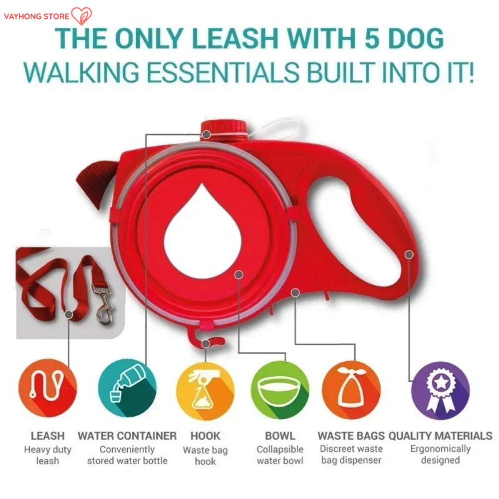 PawMate™ 5-in-1 Dog Leash – Built-In Water Bottle, Bowl & Waste Dispenser for Total Outdoor Convenience