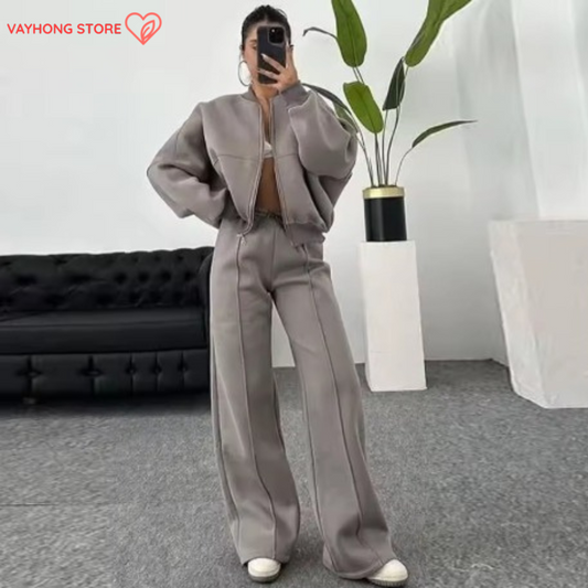 UrbanChic™ Two-Piece Streetwear Set – Zip-Up Cardigan & Jogger Pants for Fall/Winter